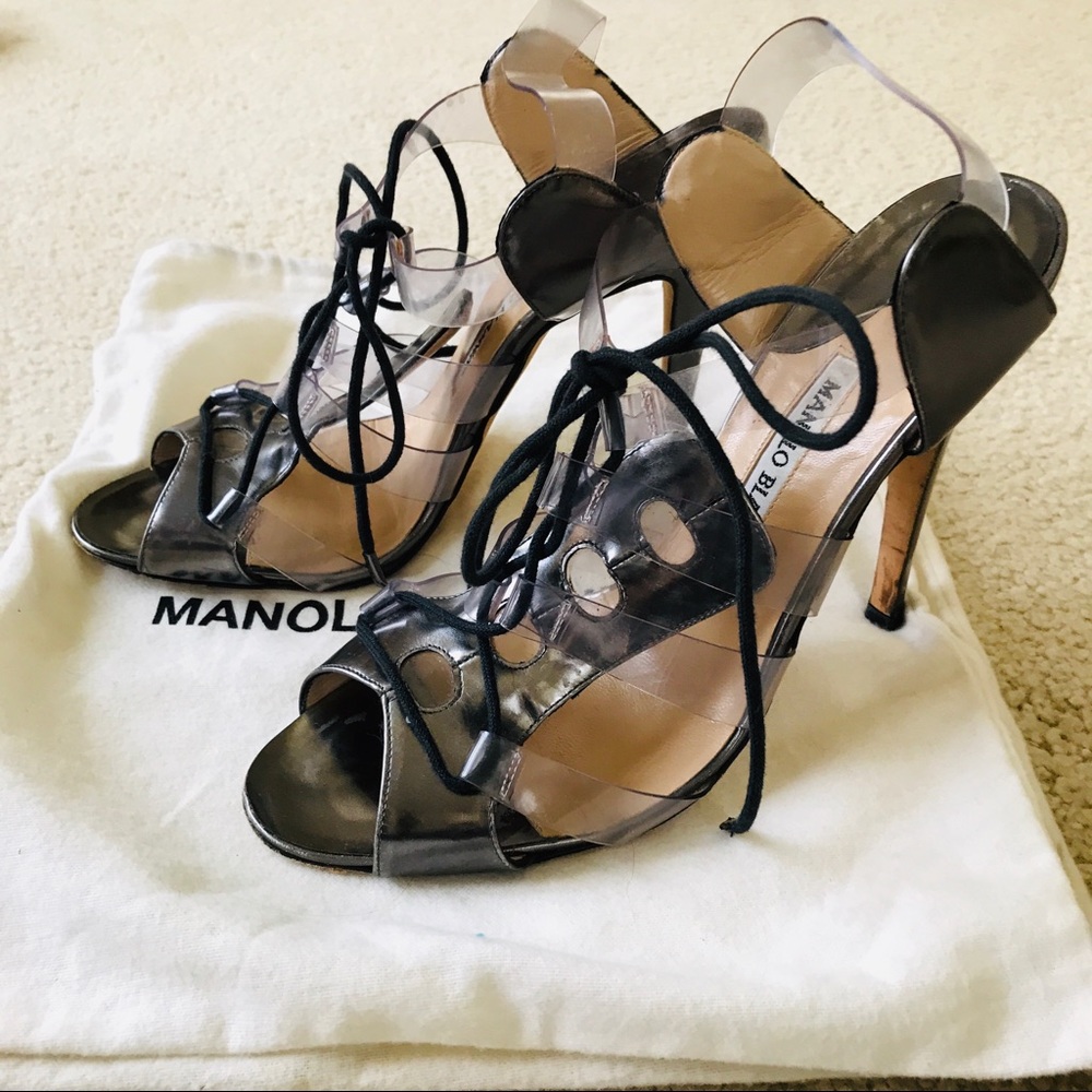 Manolo Blahnik Sandals Leather/Plastic/Laced Sz 38